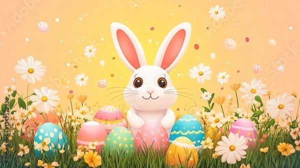 Fototapeta A white bunny surrounded by a variety of flowers and colorful Easter eggs on a warm - toned background, great for Easter - related designs, seasonal greetings, and festive art.