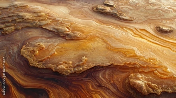 Fototapeta Abstract golden liquid landscape, textured surface,  flowing patterns,  sunlit