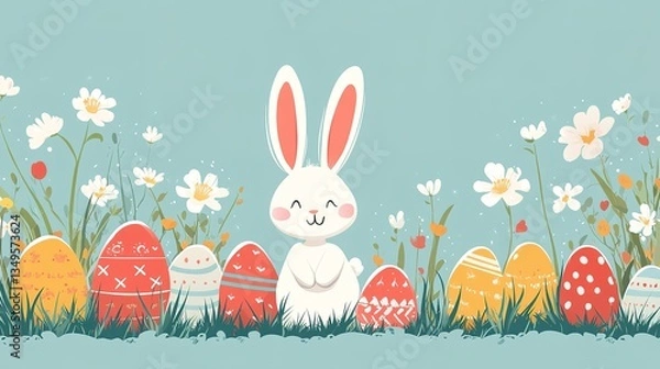 Fototapeta A white bunny standing on the grass with flowers and Easter eggs around, an ideal image for Easter cards, spring - themed crafts, and children's entertainment materials.