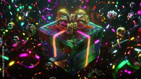 Fototapeta A gift box with a glowing bow surrounded by colorful streamers and spheres, a vibrant and eye - catching visual for promotional events, digital art, and celebration - themed designs.