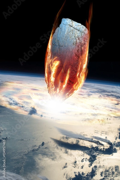 Fototapeta A massive asteroid enters Earth's atmosphere and impacts the planet - Elements of this image furnished by NASA.
