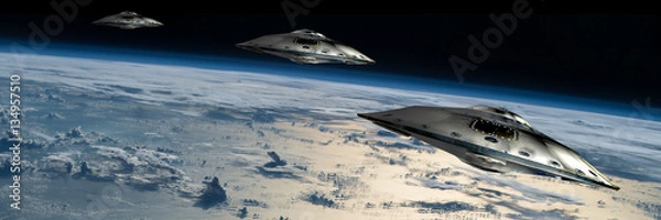 Fototapeta A fleet of flying saucers approach Earth - Elements of this image furnished by NASA.