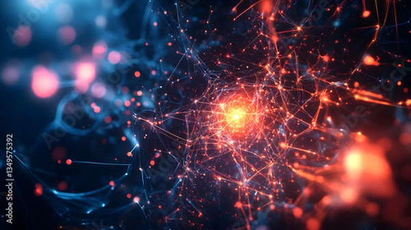 Fototapeta Abstract interconnected network with glowing central node representing complex systems