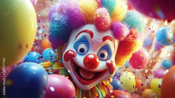 Fototapeta A clown with colorful hair surrounded by balloons and confetti, an exciting and festive image great for party invitations, circus - themed designs, and children's entertainment projects.