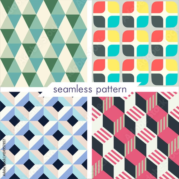 Fototapeta Set of four vector seamless geometrical patterns. Vintage textures. Decorative background for cards, invitations, web design. Retro digital paper.