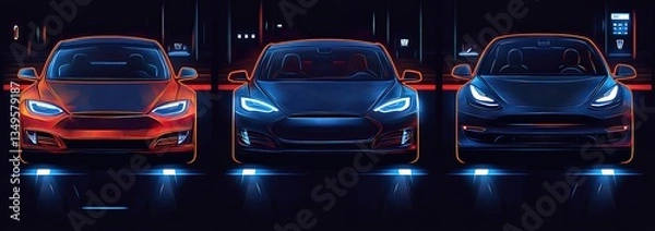 Fototapeta Three cars with lighting and shadow effects in front - view, suitable for automotive advertising, car design showcases, and digital artworks related to vehicles.