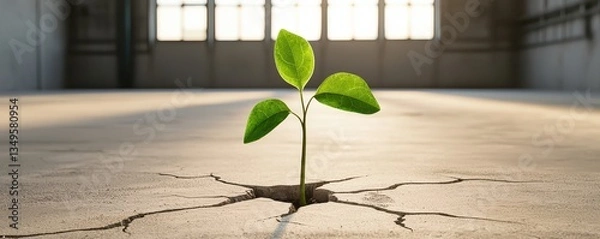 Fototapeta A small green plant emerges from a crack in a concrete floor, symbolizing resilience and hope amidst a barren environment.