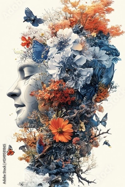 Fototapeta Portrait merged with flowers and butterflies. Serene, nature, art