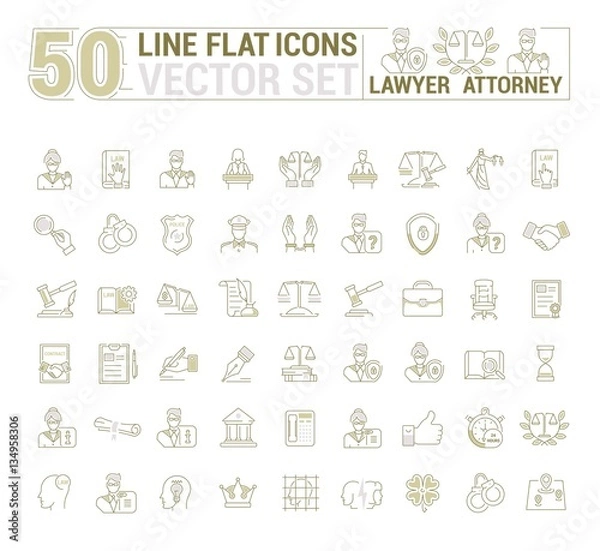 Fototapeta Vector graphic set. Icons in flat, contour, thin and linear design.Lawyer. Law and case law. Simple icon on white background.Concept illustration for Web site, app. Sign, symbol, emblem.