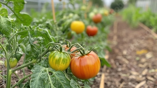 Obraz Colorful tomatoes growing in a garden