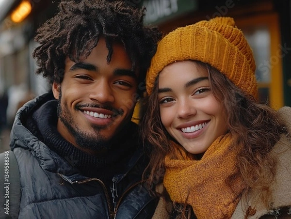 Fototapeta Smiling couple, dressed in winter clothes, poses for photo. Close up
