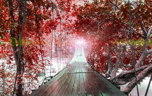 Fototapeta Finish or Goals Line Concept. Lights at The End of Perspective Hanging Wooden Bridge as a Walkway Along with Fantasy Autumn Red Leaves of Trees and over The River in National Park of Ranong, Thatiland