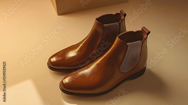Fototapeta Stylish brown leather ankle boots on beige background, studio shot
