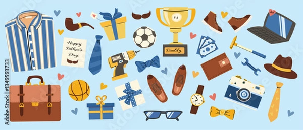 Fototapeta Happy father's day celebration with gifts, tools, and hobbies icon set.