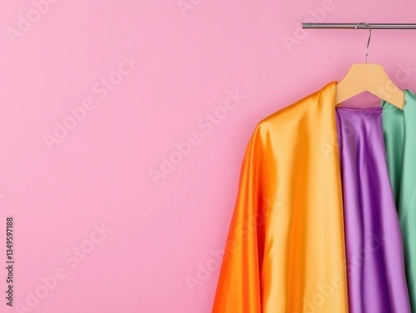 Fototapeta Vibrantcolored silk pajamas with smooth, flowing fabric on a sleek metal hanger, isolated on a gradient pastel background, modern aesthetics