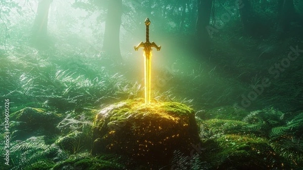 Fototapeta Golden sword resting on a mossy rock in a mystical forest.