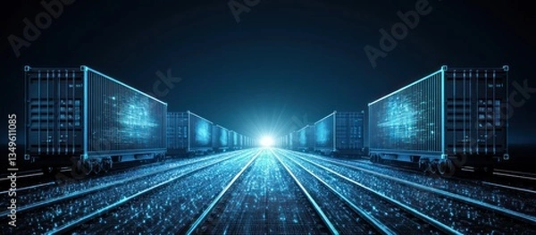 Obraz Digitally enhanced train cars are traveling on railway tracks towards a light