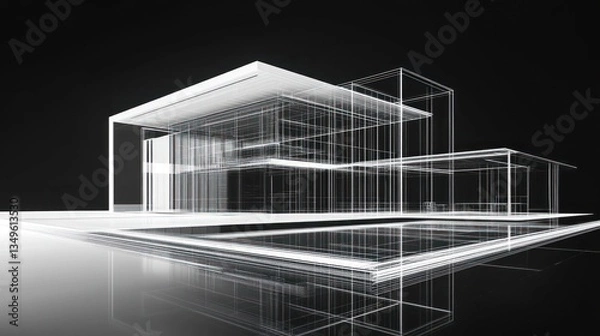 Fototapeta Modern House Architecture Wireframe, Black Background, 3D Render, Architectural Design, Rendering, Visualization, Exterior View, Pool