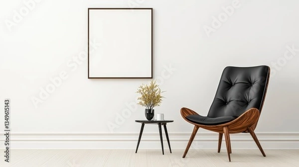 Fototapeta Modern Minimalist Interior Black Leather Armchair and White Wall