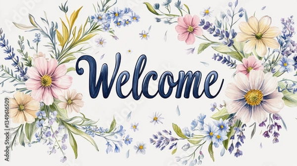 Fototapeta Floral Welcome: A delicate floral wreath frames the word "Welcome," inviting viewers with soft pastel colors, creating a warm and inviting visual message.