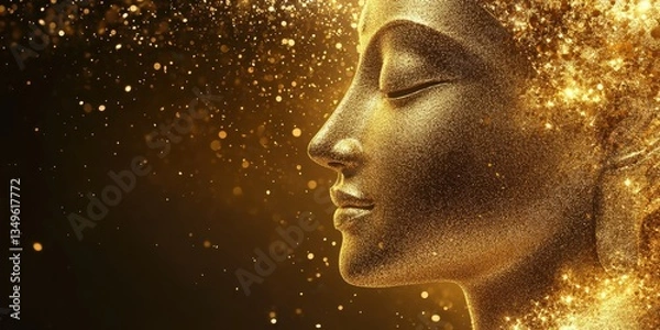 Fototapeta Golden silhouette of a serene face surrounded by sparkling particles symbolizes inner peace and beauty in a dreamlike atmosphere