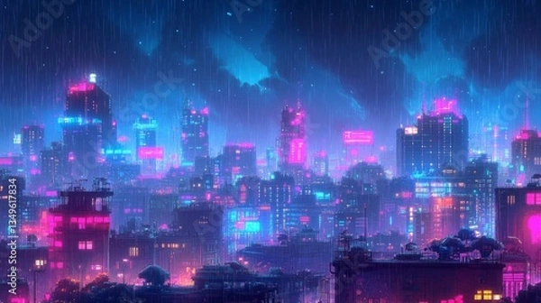 Fototapeta Neon-lit cyberpunk cityscape in 8-bit pixel art style for futuristic design and digital themes