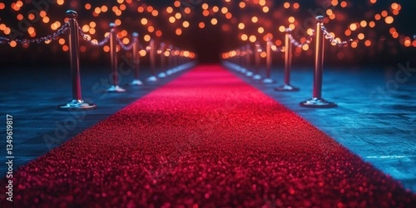 Fototapeta Elegant red carpet leading to a venue illuminated by enchanting lights at night
