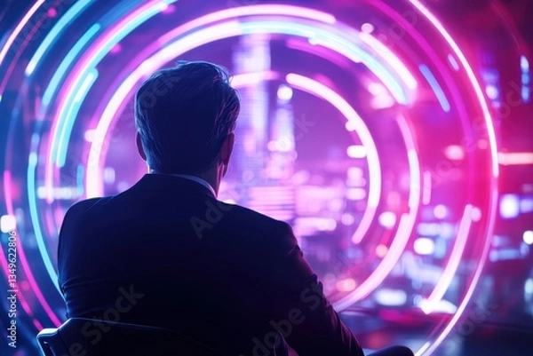 Fototapeta A figure in business attire observes a vibrant, futuristic cityscape illuminated by neon lights, suggesting themes of technology and contemplation.