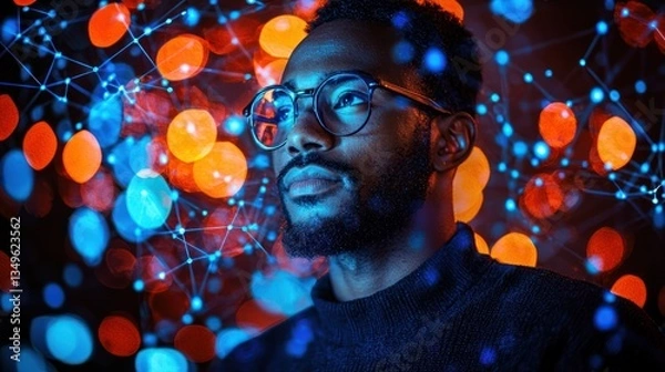Fototapeta Thoughtful man, abstract network
