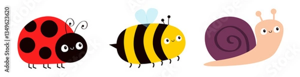 Obraz Snail, lady bug ladybird bee bumblebee insect icon set line. Ladybug. Side view. Cute cartoon kawaii funny baby character. Sticker print. Childish style. Flat design. White background. Vector