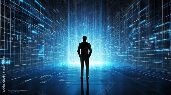 Fototapeta Businessman facing digital data stream, future tech background, website banner