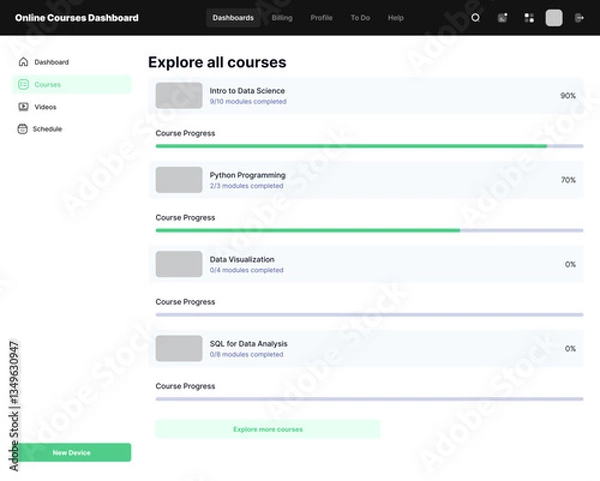 Fototapeta Online Courses Dashboard, E-Learning Panel, Virtual Classroom Interface, Education Management System, Digital Learning Hub, Course Tracking Platform, Student Progress & Training Program Monitor, 