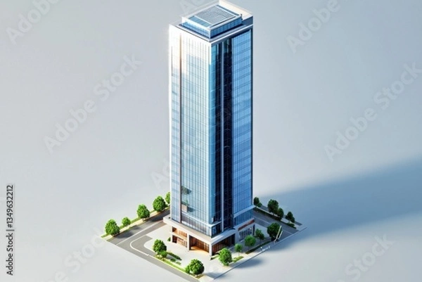 Fototapeta Isometric view of a modern skyscraper, showing details of facade, street, and landscaping.
