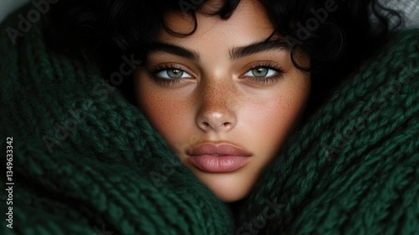 Obraz Close-up of a woman draped in a deep emerald green knit shawl, showcasing her natural beauty.  Her expressive eyes and soft complexion draw the viewer in