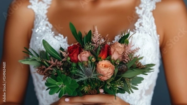 Obraz Bride holding a floral bouquet.  Delicate arrangement of roses, succulents, and greenery