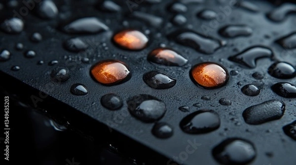 Obraz Water droplets on a dark surface with orange lights