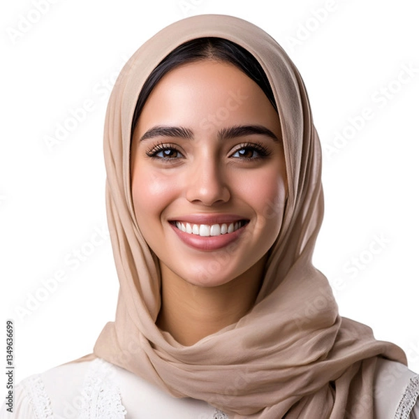 Fototapeta Beautiful woman with black hijab and veil, her eyes looking with a gentle smile isolated on transparent background