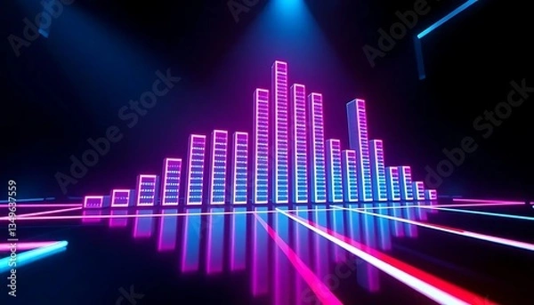 Fototapeta Vibrant Neon Audio Equalizer Display in a Dark Environment with Colorful Light Beams