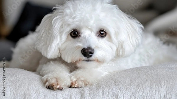 Obraz Fluffy white dog resting on a soft surface