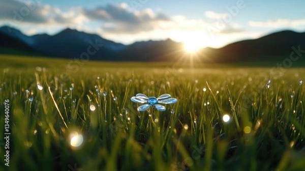 Obraz Delicate flower in dewy meadow at sunrise