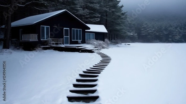 Obraz Snowy winter cabin by a frozen lake.  Wooden steps wind through the pristine snow