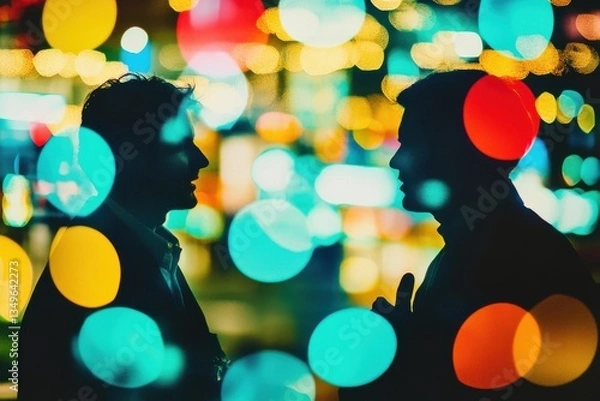 Fototapeta Two People in Silhouette Converse in Front of a Bokeh Background With Colorful Lights, Discussing Something, Standing Face to Face