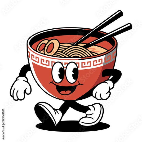 Fototapeta Vector cartoon ramen bowl character with arms, legs, and chopsticks, walking with smile, food mascot