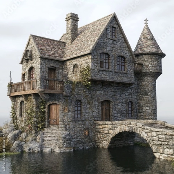 Fototapeta Medieval stone house on a bridge over a calm lake, with a small stone turret.