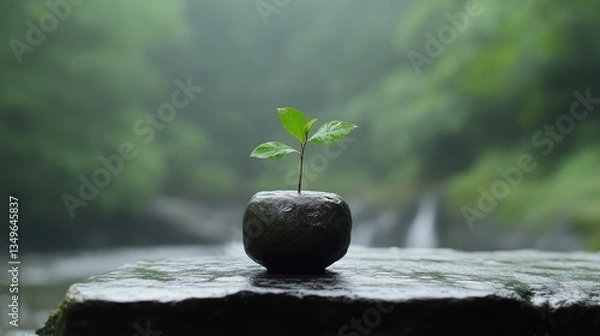 Obraz Tiny sprout in a small stone pot, peaceful natural setting