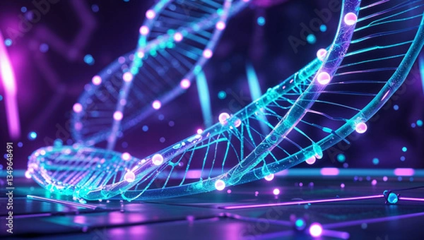 Obraz "A futuristic 3D-rendered visualization of a glowing DNA helix in a high-tech environment. The double-helix structure is made of luminous, transparent strands with rotating neon-blue nucleotides. 