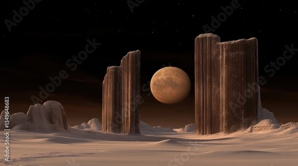 Obraz Ancient, frozen structures under a crimson moon.  Vast, snowy plain.  Mysterious, otherworldly landscape