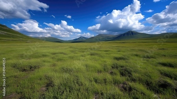 Obraz Expansive grassy highland valley under a vibrant blue sky.  Rolling hills and mountains in the distance