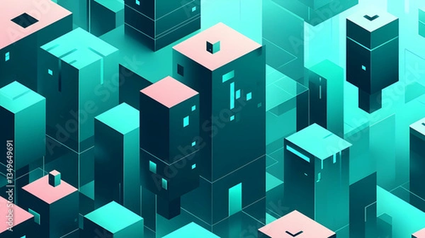 Obraz Futuristic city isometric illustration; vibrant teal buildings, glowing lights; background suggests a technological landscape; ideal for tech, sci-fi, or urban design projects