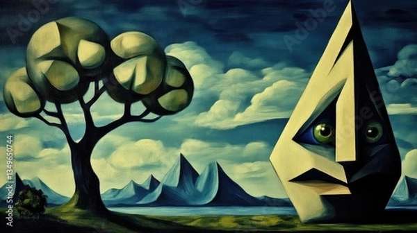 Obraz Surreal landscape painting, featuring a stylized tree, mountains, and a geometric face, with a dreamlike quality